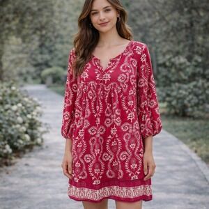 Studio Park Boho Peasant Dress Petite Pink With Floral Print 100% Cotton Lined M